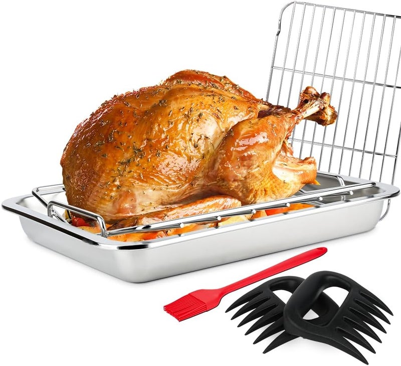 Dallden 15.5 Inch Turkey Roasting Pan with V-Rack, Stainless Steel Turkey Roaster Pan for Ovens, with V & Flat Rack Meat Claws Brush, Deep Broiling Pan for Turkey Chicken Ham - Image 1
